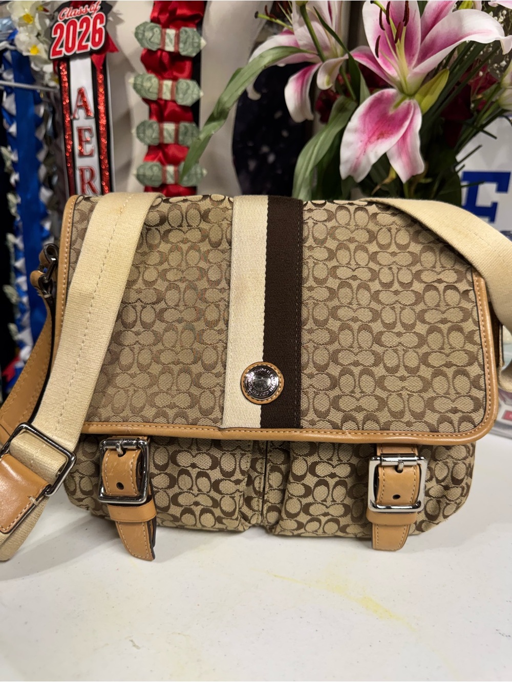 Coach Canvas Crossbody with Brown and Cream Stripe